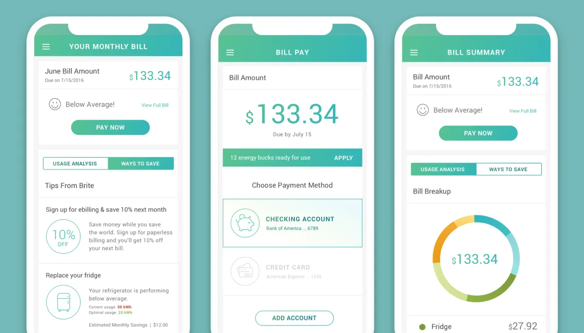 Brite bill pay screens showing monthly bill, payment methods, and bill summary