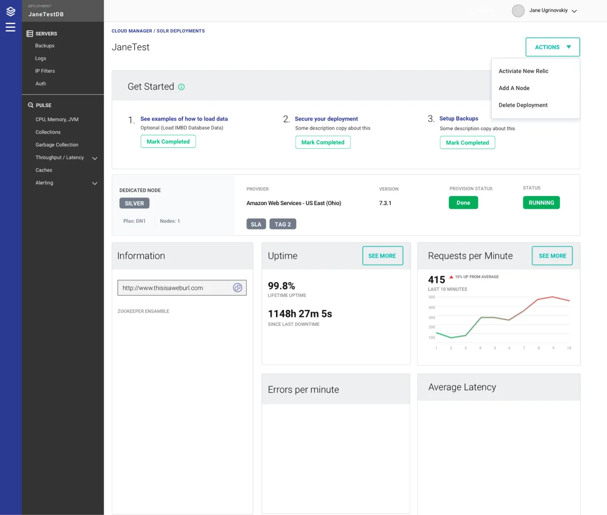 SearchStax deployment dashboard with navigation menu open
