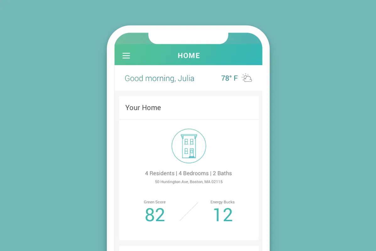 Brite home screen visual design showing resident info, green score, and energy bucks