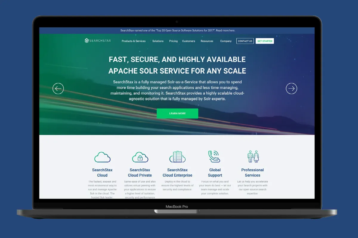 SearchStax website cover showing the homepage design