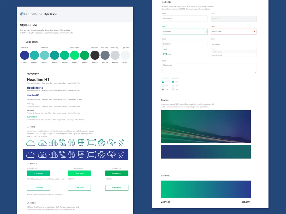SearchStax style guide showing colors, typography, and UI components