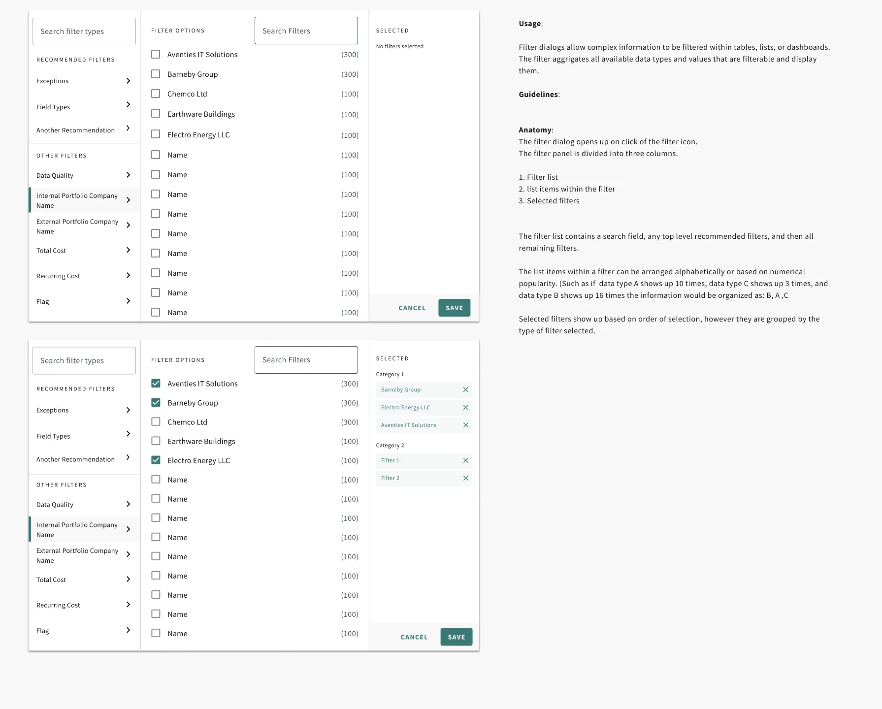 Filter dialog with filter list, filter options, and selected filters, plus filter chips