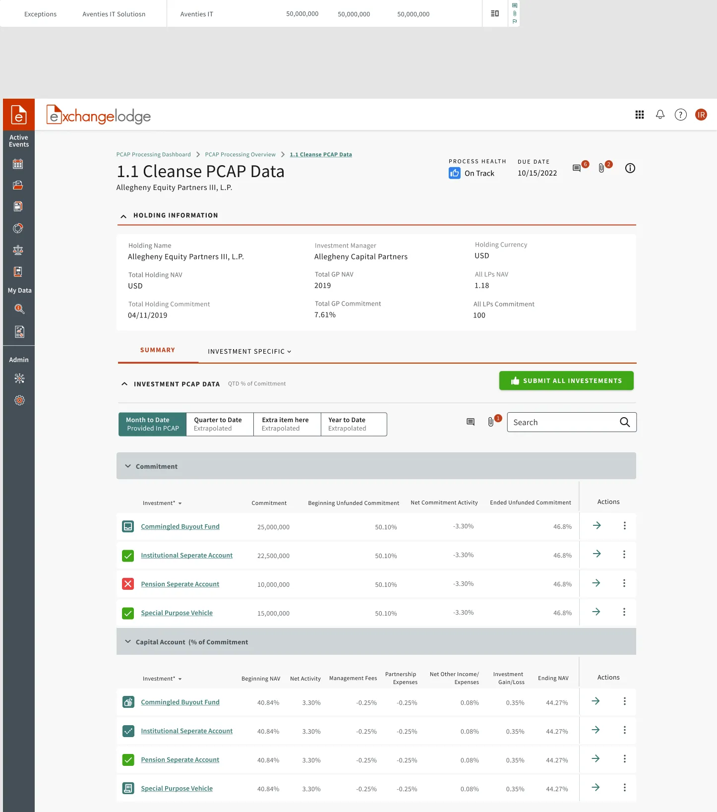 PCAP data cleansing screen with grouped investment tables and status indicators