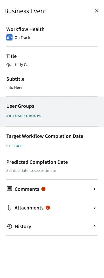 Business event side panel showing workflow health, dates, comments, attachments, and history