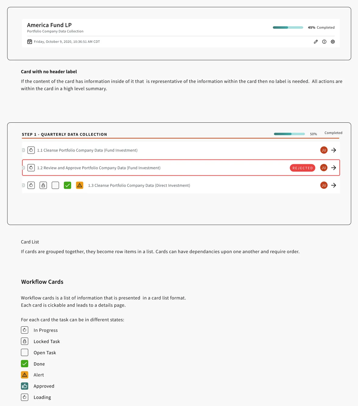 Summary card and workflow card list with task statuses