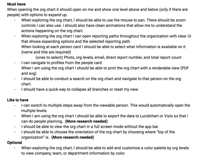 Scoping document for Org Chart features